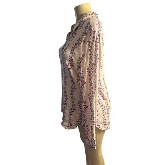 Women L Free People Button Tunic Shirt Mini Dress Top Blush Floral Print Ruffle - Picture 3 of 7